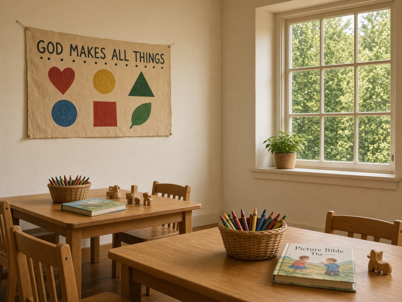 A quiet kids classroom with low tables and crayons.