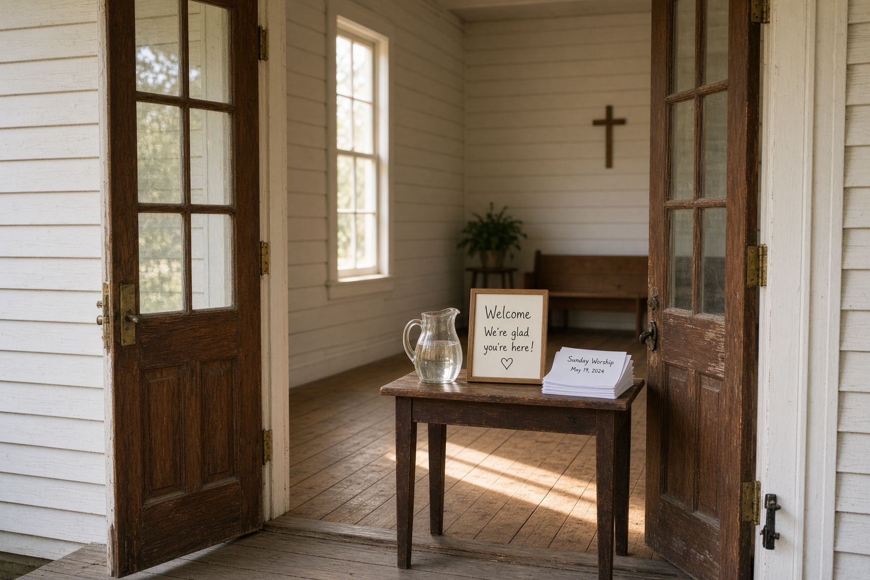 Bulletins on the welcome table inside the doors.